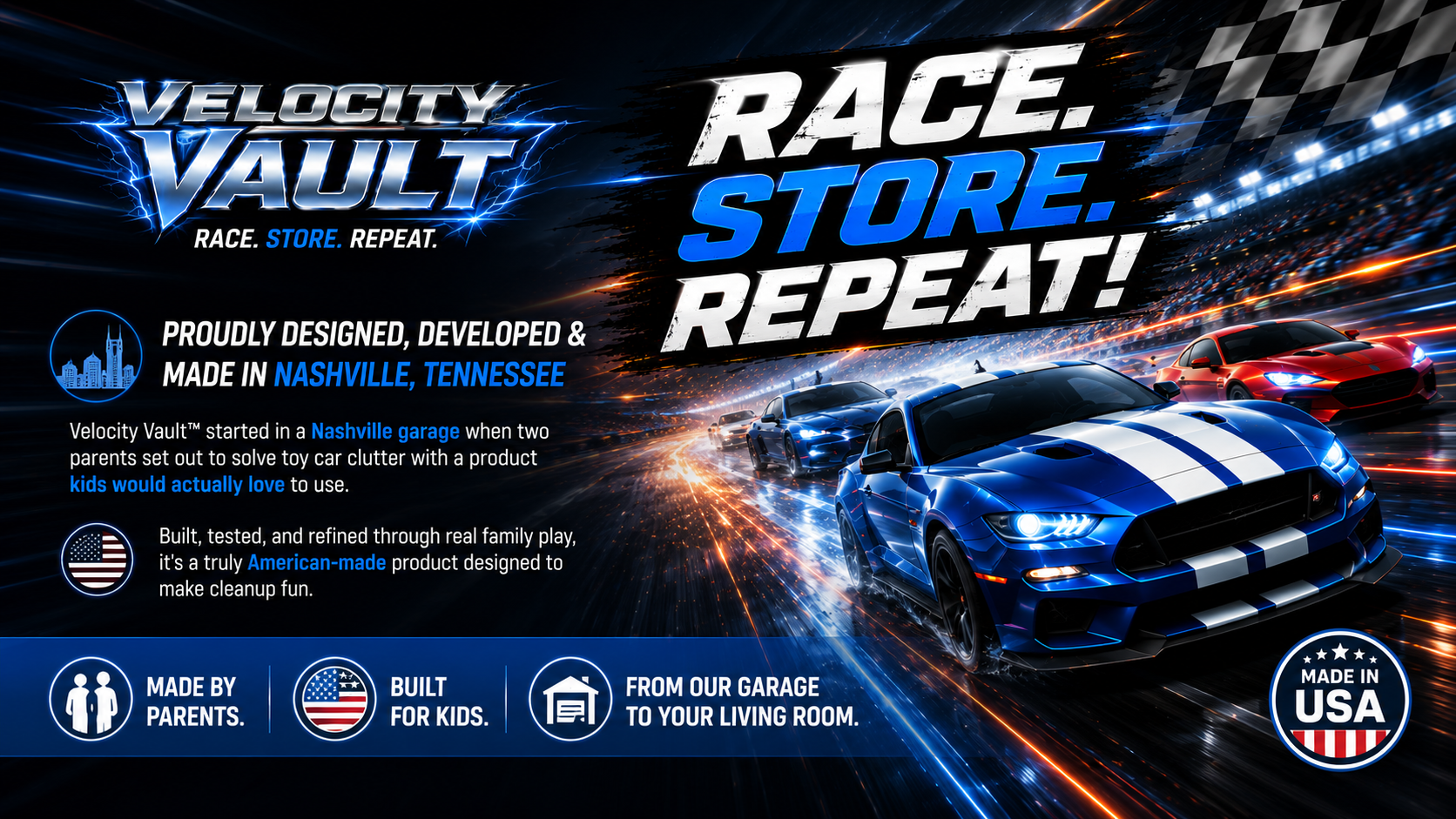 Promotional graphic for Velocity Vault with cars and racing elements.