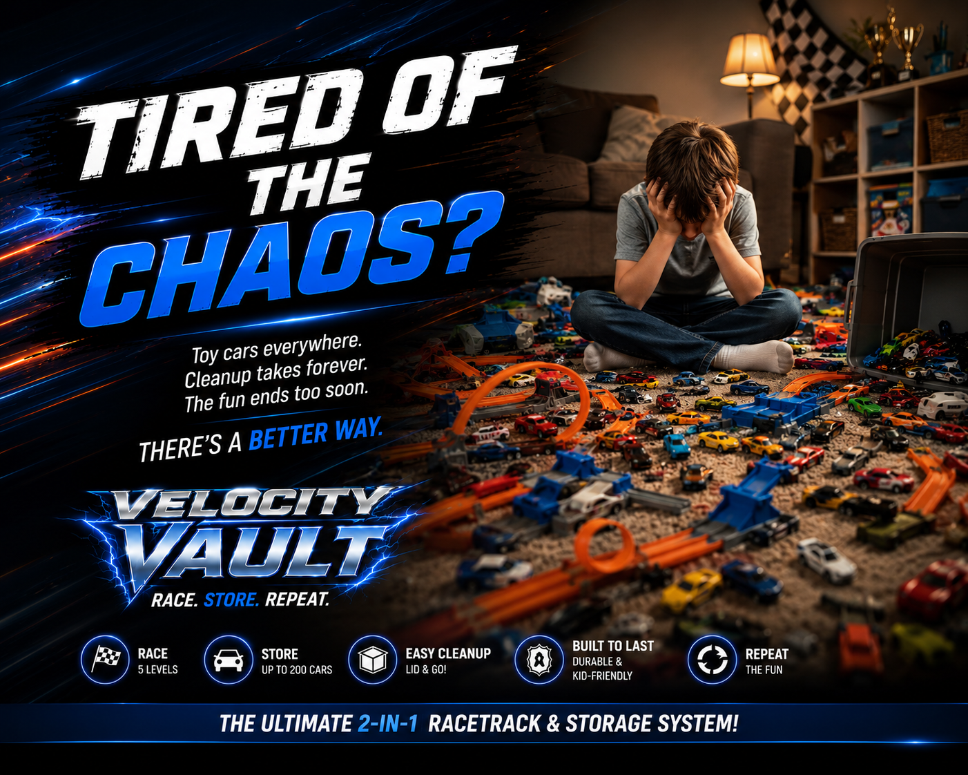 Person sitting amidst toy cars with promotional text for Velocity Vault system.