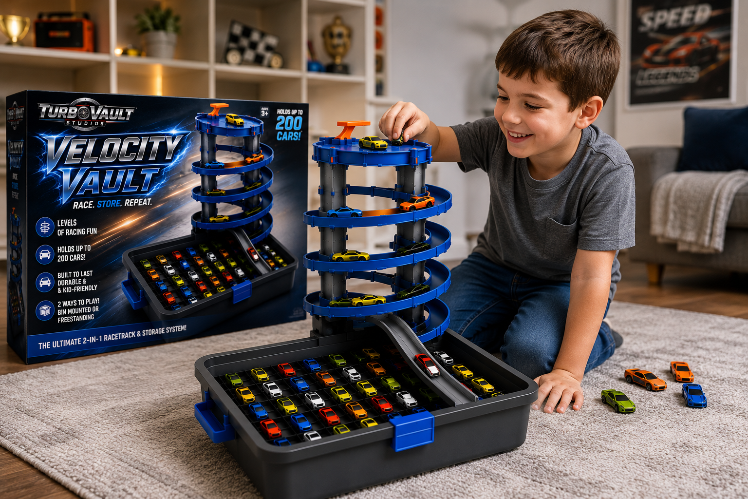 Child playing with a toy car set in front of its packaging